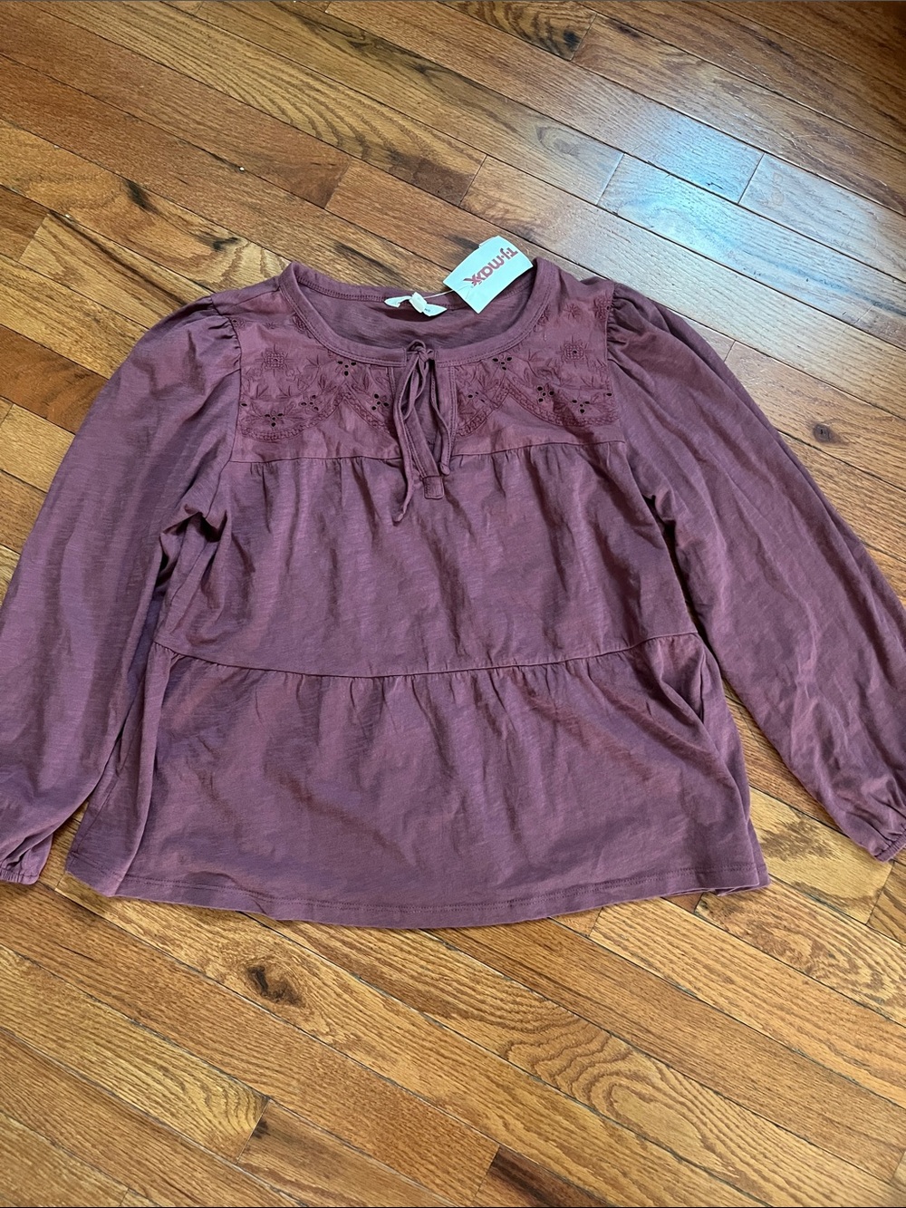 Lucky Brand Dusty Rose Embroidered Tie-Neck Top